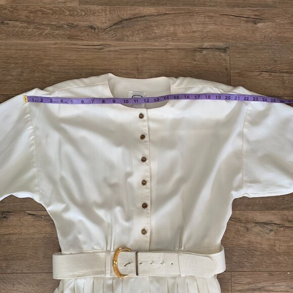 Vintage 80s 90s Full Button Belted Long Dolman Sleeve Pleated Midi Dress - Picture 10 of 16